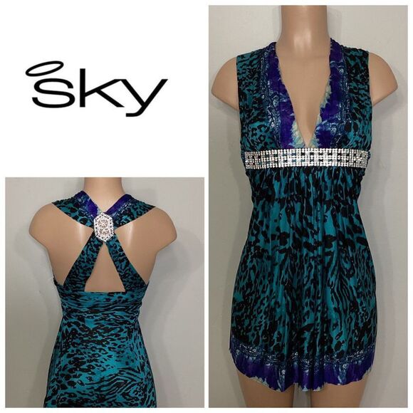 New. SKY 100% silk animal print dress with diamond belt. Normally $248 - Picture 1 of 9